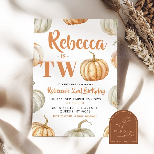 Pastel Pompoen Herfst Genderneutraal 2e Verjaardag Kaart