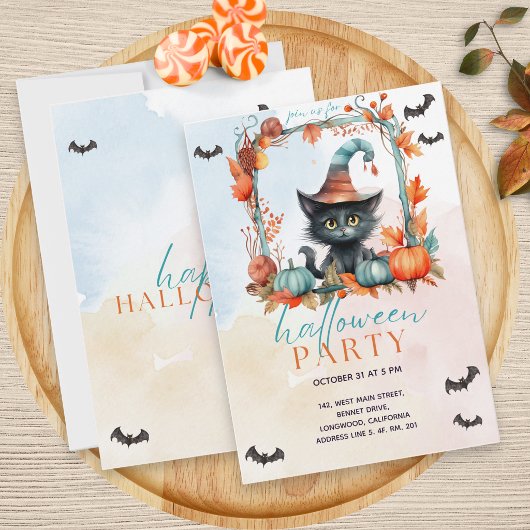 Pastel Pompoen Patch Zwarte Kat Halloween Feest Kaart