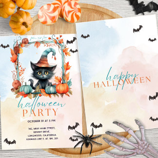 Pastel Pompoen Patch Zwarte kat Halloween Party Kaart