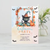 Pastel Pompoen Patch Zwarte kat Halloween Party Kaart (Staand voorkant)