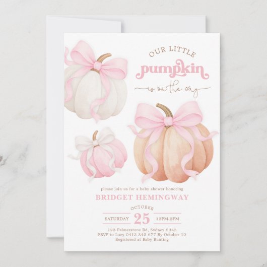 Pastel Pompoen Roze Bow Meisje Baby shower Kaart (Voorkant)