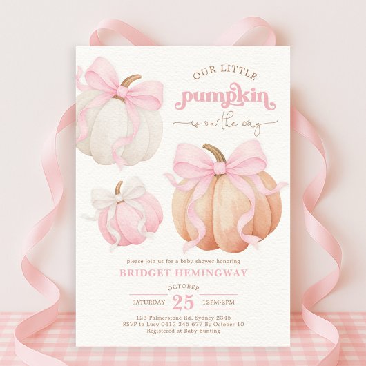 Pastel Pompoen Roze Bow Meisje Baby shower Kaart