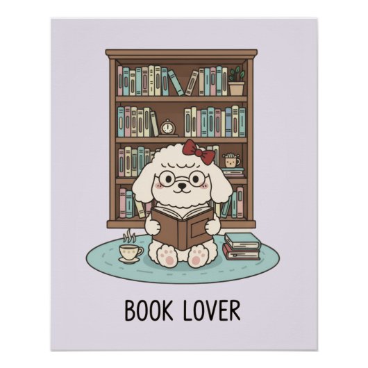 Pastel Poodle Puppy Dog with Books Glossy Poster (Voorkant)