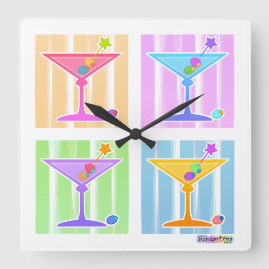 PASTEL POP ART MARTINIS VIERKANTE KLOK (Voorkant)