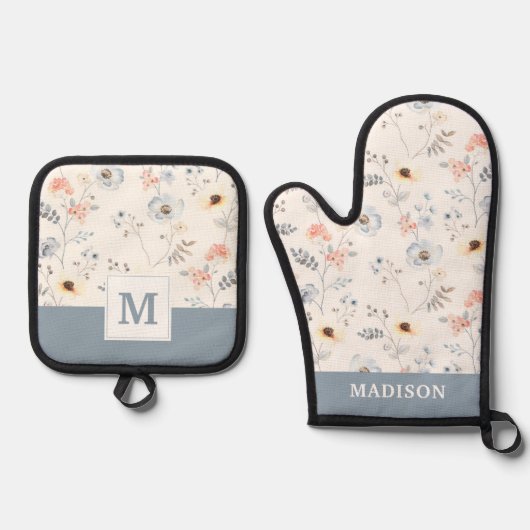 Pastel Poppy Floral Garden Pattern Ovenwant & Pannenlap Set (Voorkant)