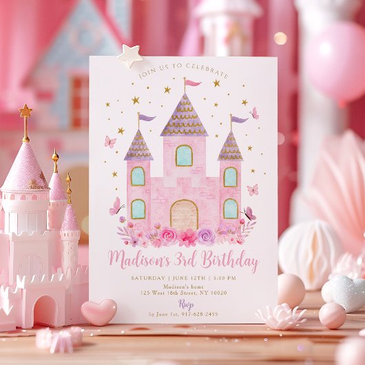 Pastel Princess Castle Butterfly Flower Birthday Kaart