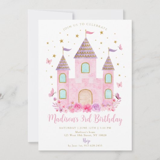 Pastel Princess Castle Butterfly Flower Birthday Kaart (Voorkant)