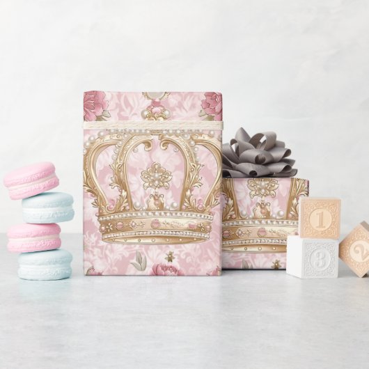 Pastel Princess Crowns Damask Pearls Cadeaupapier (Baby Shower)