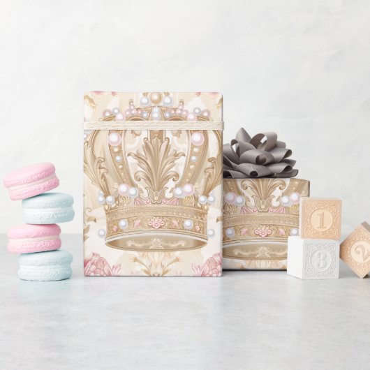 Pastel Princess Crowns Damask Pearls Cadeaupapier (Baby Shower)