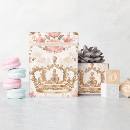 Pastel Princess Crowns Damask Pearls Cadeaupapier (Baby Shower)