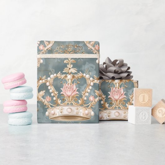 Pastel Princess Crowns Damask Pearls Cadeaupapier (Baby Shower)