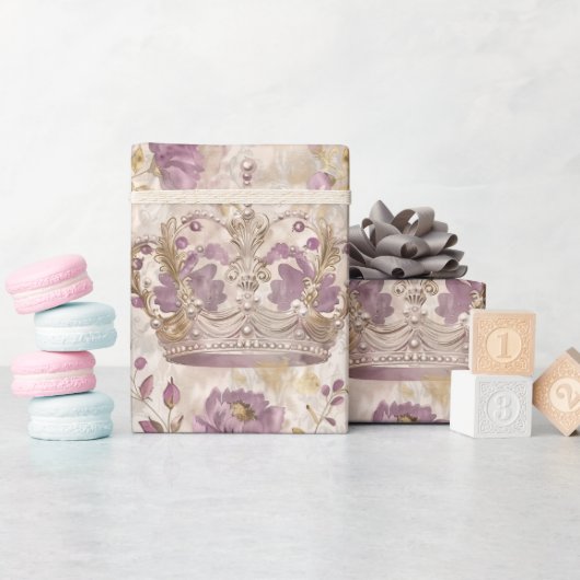Pastel Princess Crowns Damask Pearls Cadeaupapier (Baby Shower)