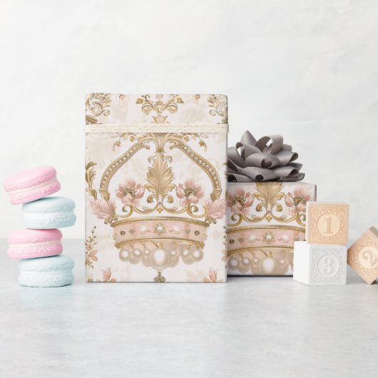 Pastel Princess Crowns Damask Pearls Cadeaupapier (Baby Shower)