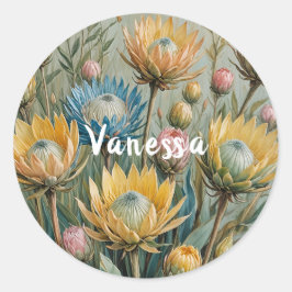 Pastel Protea Droom: Elegante Bloemen Ronde Sticker