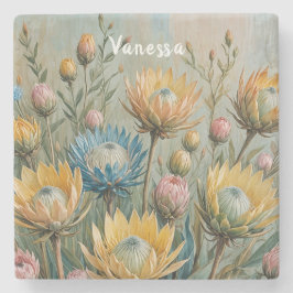 Pastel Protea Droom: Elegante Bloemen Stenen Onderzetter