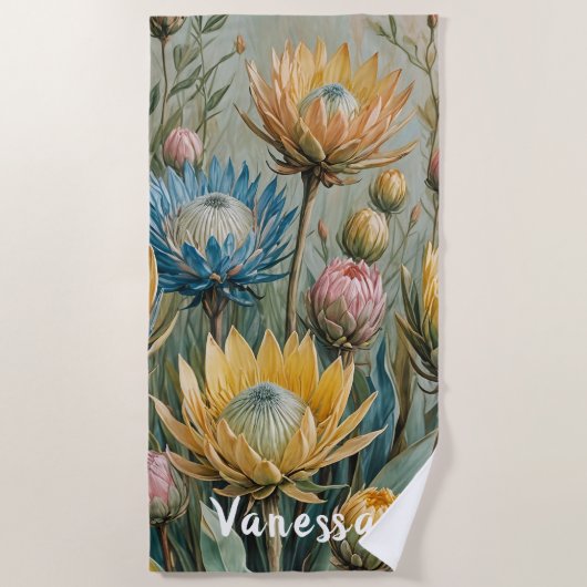Pastel Protea Droom: Elegante Bloemen Strandlaken (Voorkant)