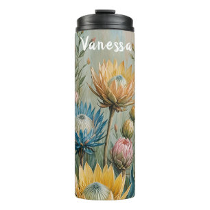 Pastel Protea Droom: Elegante Bloemen Thermosbeker