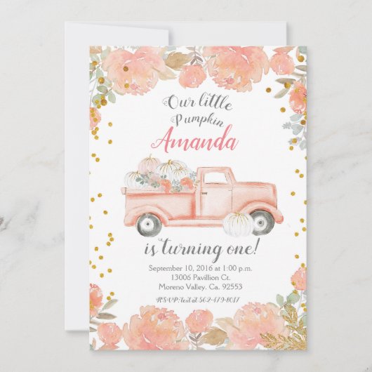 Pastel Pumpkin 1e verjaardag Uitnodiging voor meis (Voorkant)