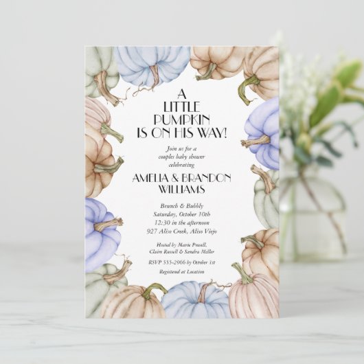 Pastel Pumpkins Boy Baby Shower Invitations (Staand voorkant)