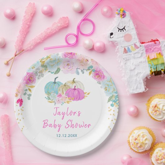 Pastel Pumpkins Floral Baby shower Papieren Bordje (Feest)