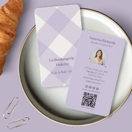 Pastel Purple Gingham Bakery Vertical QR Photo Visitekaartje