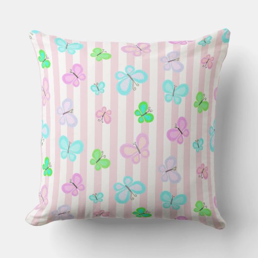 Pastel Quilty Vlinders op Roze Witte Streep Kussen (Voorkant)