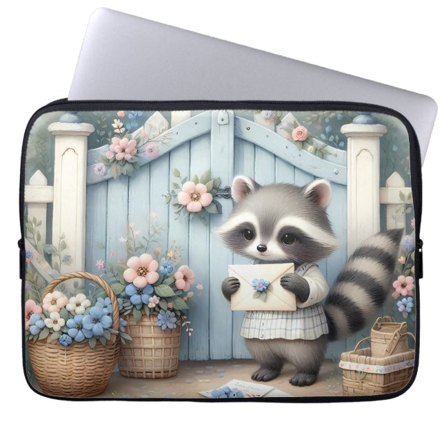 Pastel Raccoon Letter Garden Laptop Sleeve (Voorkant)