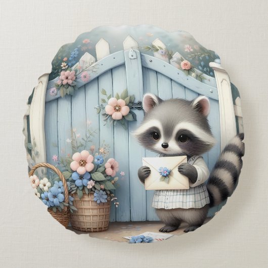 Pastel Raccoon Letter Garden Rond Kussen (Voorkant)