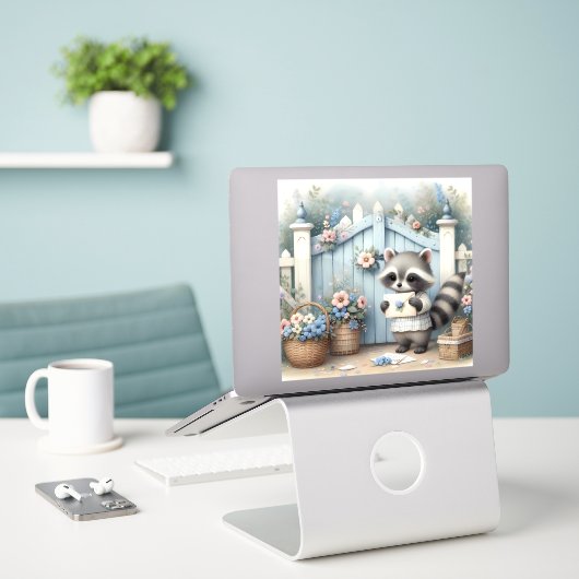 Pastel Raccoon Letter Garden Sticker (Laptop op bureau)