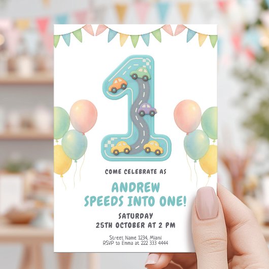 Pastel Racing First Birthday Party Kaart