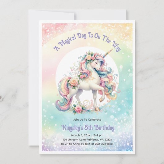 Pastel Radiant Rainbow Unicorn Verjaardagsfeest Kaart (Voorkant)