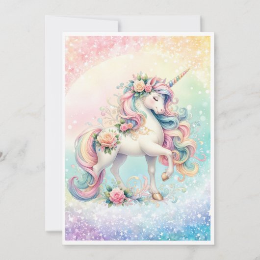 Pastel Radiant Rainbow Unicorn Verjaardagsfeest Kaart (Achterkant)