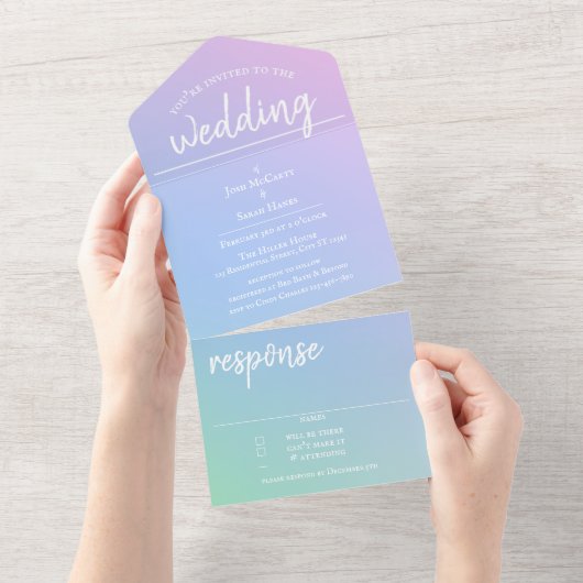 Pastel Rainbow All in One Wedding Invite Uitnodiging (Afscheurbaar)