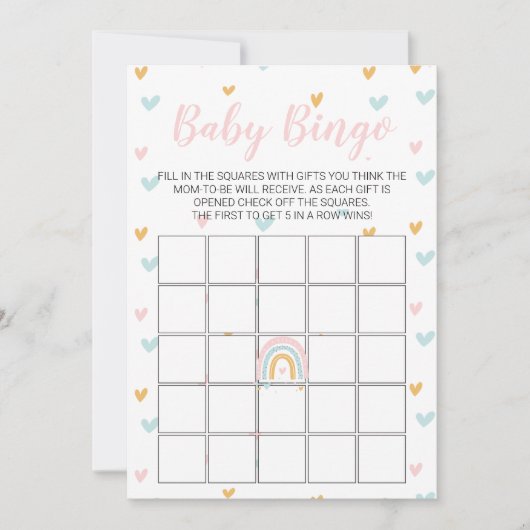 Pastel Rainbow and Hearts Baby Shower Bingo Card Kaart (Voorkant)