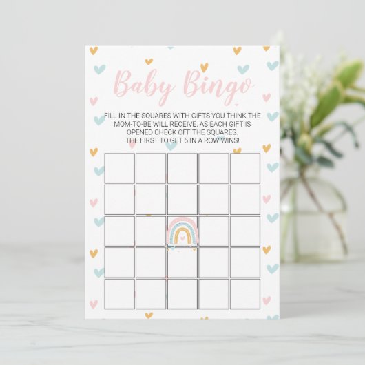 Pastel Rainbow and Hearts Baby Shower Bingo Card Kaart (Staand voorkant)