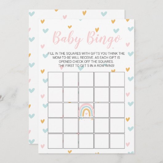 Pastel Rainbow and Hearts Baby Shower Bingo Card Kaart (Voorkant / Achterkant)
