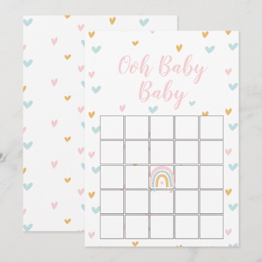 Pastel Rainbow and Hearts Baby Shower Bingo Card Kaart (Voorkant / Achterkant)