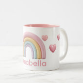Pastel Rainbow and Hearts with Pink Custom Name Tweekleurige Koffiemok (Voorkant rechts)