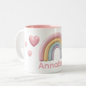 Pastel Rainbow and Hearts with Pink Custom Name Tweekleurige Koffiemok (Voorkant links)