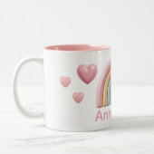 Pastel Rainbow and Hearts with Pink Custom Name Tweekleurige Koffiemok (Links)