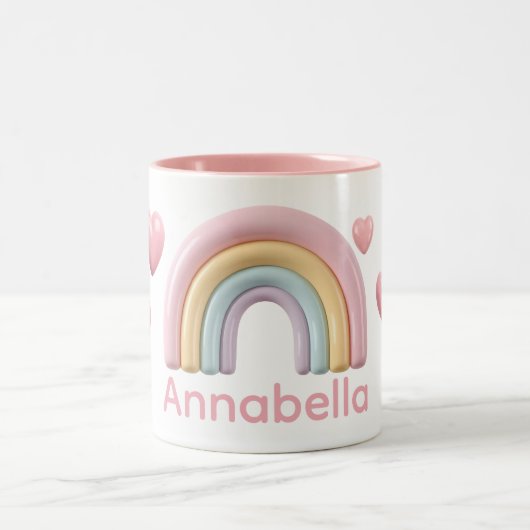 Pastel Rainbow and Hearts with Pink Custom Name Tweekleurige Koffiemok (Center)