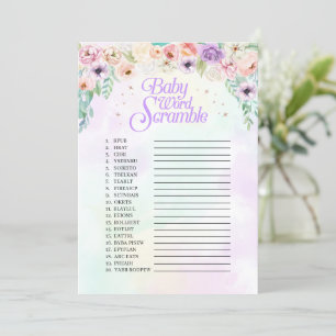 Pastel Rainbow Baby shower Word Scramble Game Card Kaart
