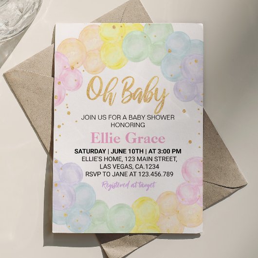 Pastel Rainbow Balloon Baby shower Invitation Kaart