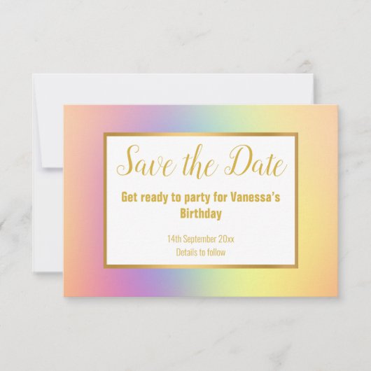 PASTEL RAINBOW BEWAREN DE DATUM RSVP KAARTJE (Voorkant)