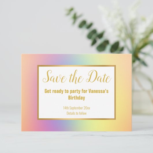 PASTEL RAINBOW BEWAREN DE DATUM RSVP KAARTJE (Staand voorkant)