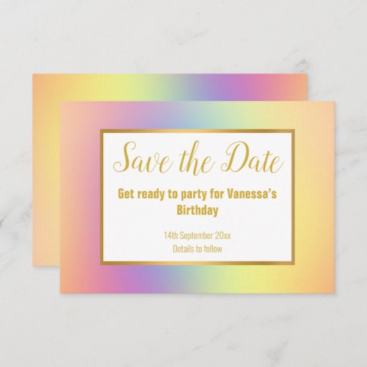 PASTEL RAINBOW BEWAREN DE DATUM RSVP KAARTJE (Voorkant / Achterkant)