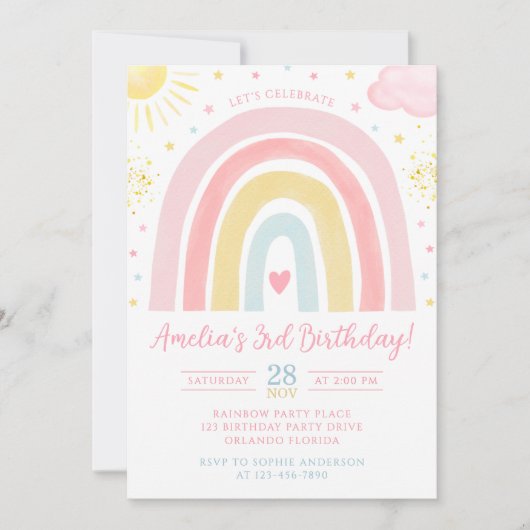 Pastel Rainbow Birthday Invitation Kaart (Voorkant)