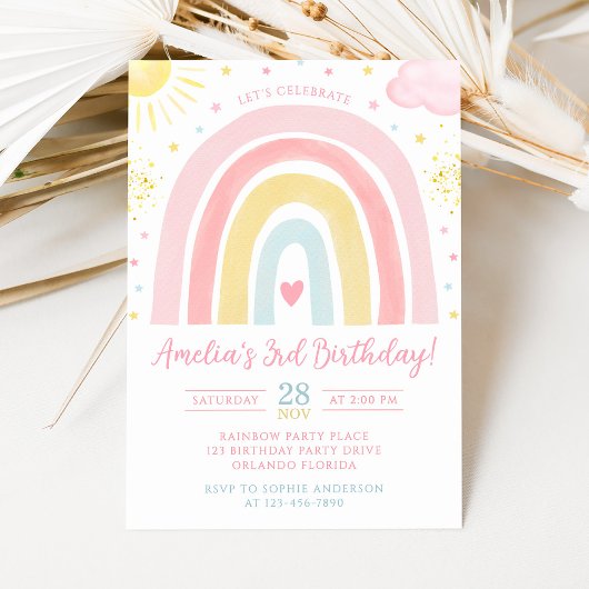 Pastel Rainbow Birthday Invitation Kaart
