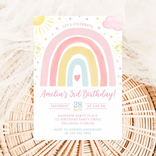Pastel Rainbow Birthday Invitation Kaart
