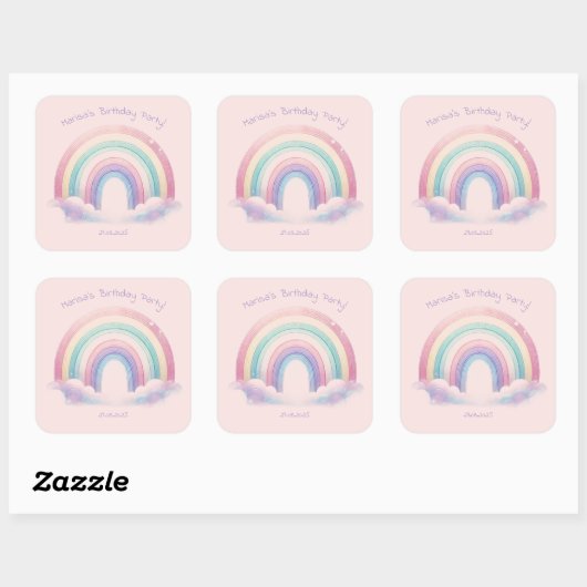 Pastel Rainbow Birthday Party Square Stickers (Vel)